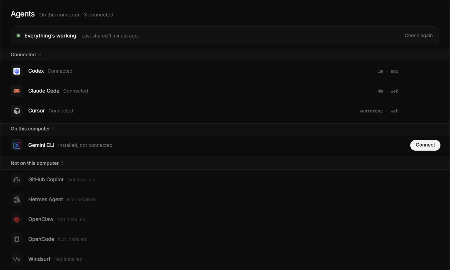 Runi’s agents page: Codex, Claude Code and Cursor connected
