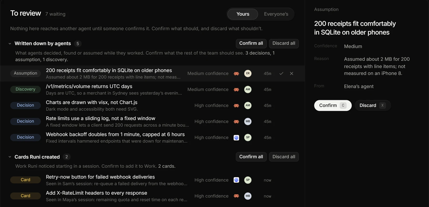 Runi’s review queue: decisions, discoveries and assumptions waiting to be confirmed